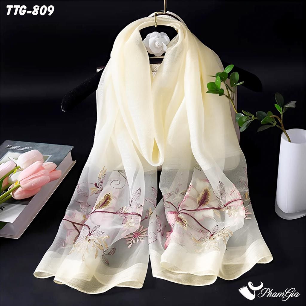 Khăn Choàng Tơ Tằm Gân Cao Cấp Thêu Hoa Mộc Lan Màu Trắng Sang Trọng