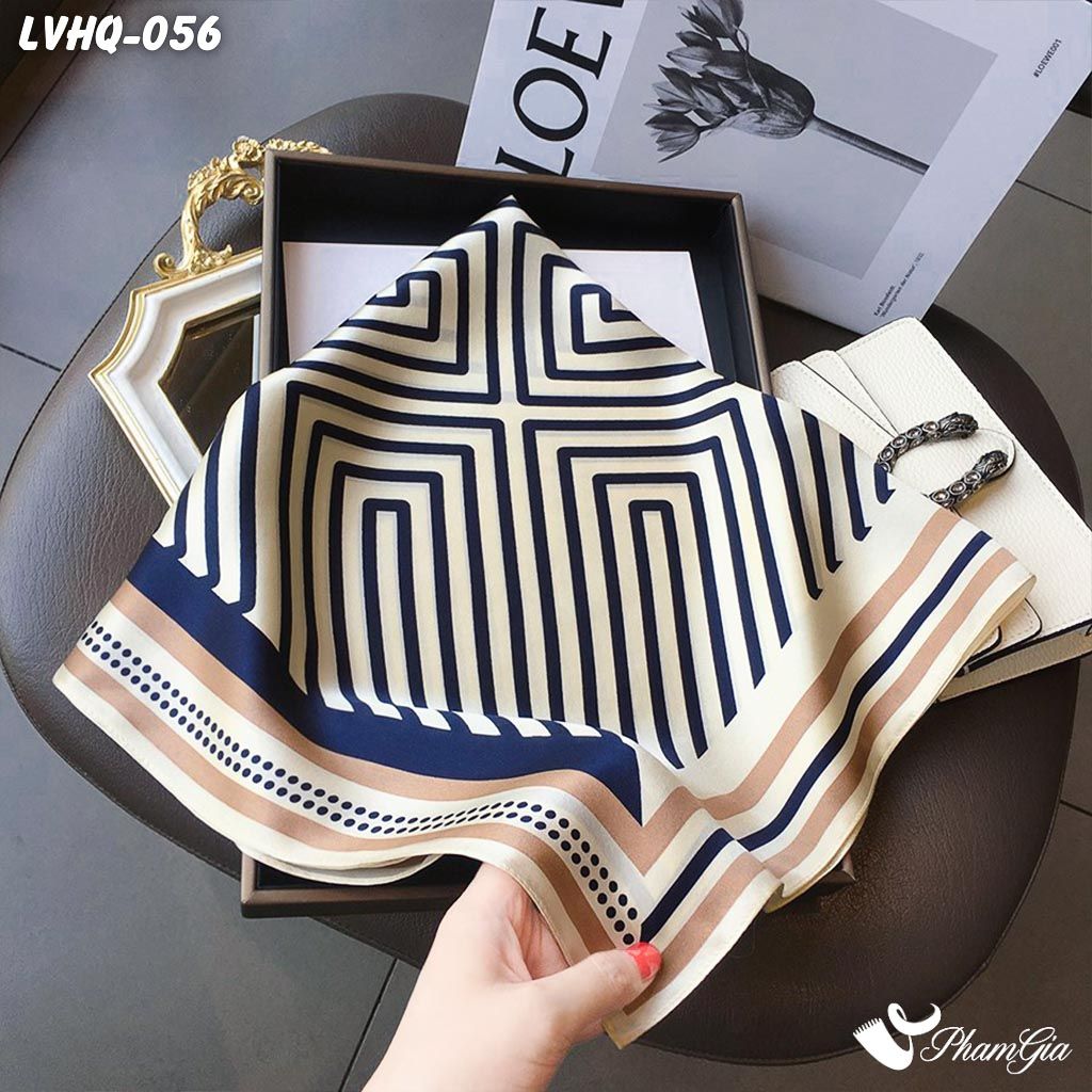 Khăn Lụa Vuông 70*70Cm Phong Cách Hàn Quốc Họa Tiết Kẻ Sọc Xanh Navy (LVHQ056)
