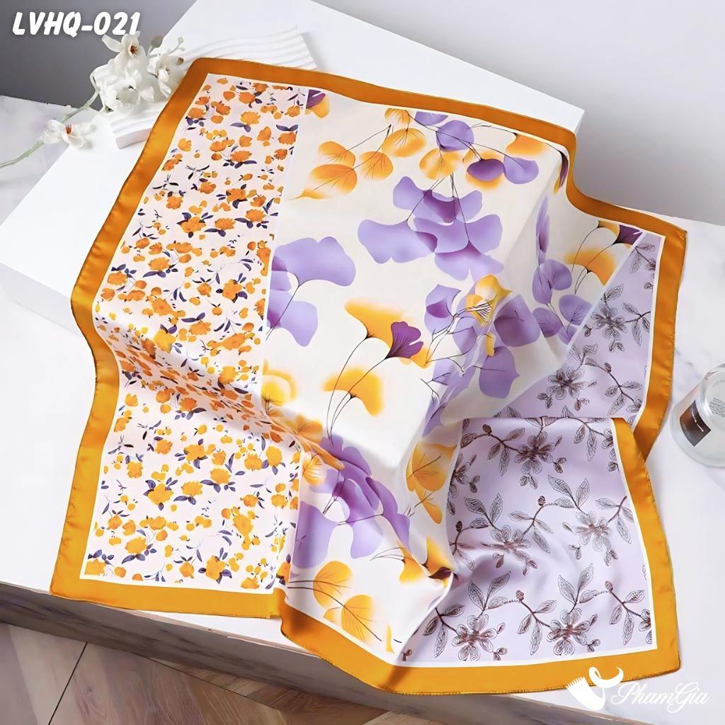 Khăn Lụa Vuông 70*70Cm Phong Cách Hàn Quốc Họa Tiết Hoa Bốn Mùa Viền Vàng (LVHQ021)