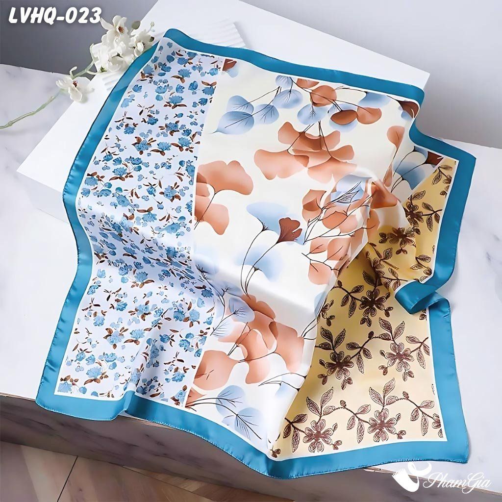 Khăn Lụa Vuông 70*70Cm Phong Cách Hàn Quốc Họa Tiết Hoa Bốn Mùa Viền Xanh (LVHQ023)
