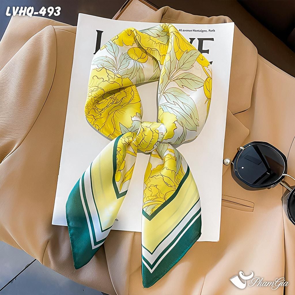 Góc Tổng Thể Khăn Lụa Vuông 70*70cm Phong Cách Hàn Quốc Họa Tiết Hoa Hồng Màu Vàng