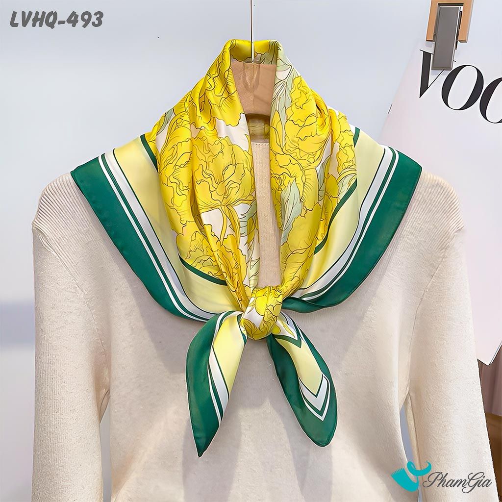 Góc Thẳng Khăn Lụa Vuông 70*70cm Phong Cách Hàn Quốc Họa Tiết Hoa Hồng Màu Vàng