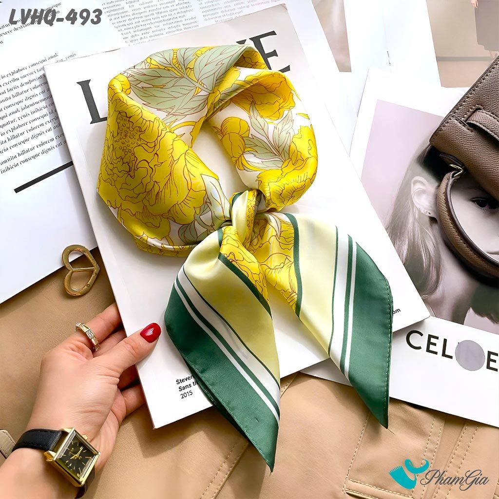 Khăn Lụa Vuông 70*70cm Phong Cách Hàn Quốc Họa Tiết Hoa Hồng Màu Vàng