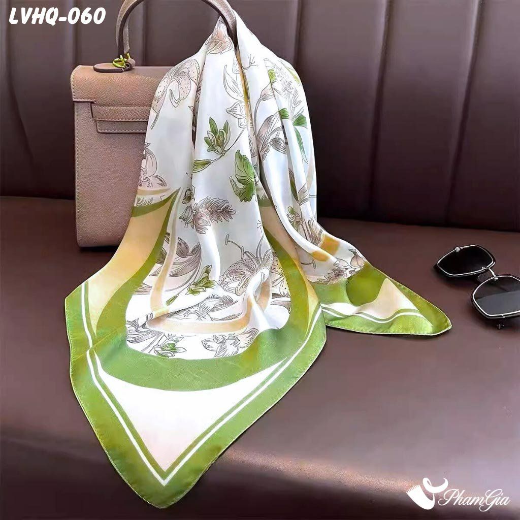 Khăn Lụa Vuông 70*70Cm Phong Cách Hàn Quốc Họa Tiết Hoa Lily Viền Xanh Bơ (LVHQ060)
