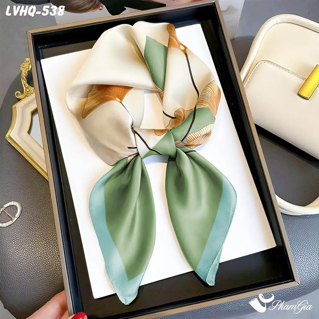 Cận Cảnh Khăn Lụa Vuông 70*70cm Phong Cách Hàn Quốc Họa Tiết Rẻ Quạt Màu Xanh Mint