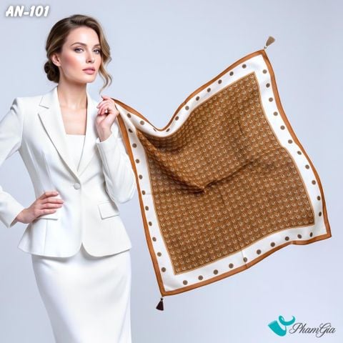 Khăn Linen Vuông An Nhiên 63*63Cm Cao Cấp Hoạ Tiết Tròn Cách Điệu Màu Nâu Đồng Cổ Điển (AN101)