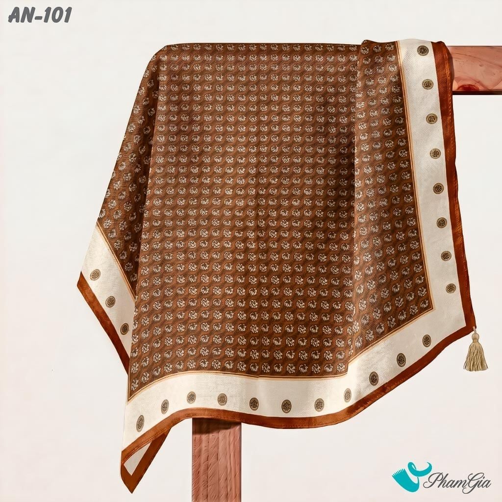 Khăn Linen Vuông An Nhiên 63*63Cm Cao Cấp Hoạ Tiết Tròn Cách Điệu Màu Nâu Đồng Cổ Điển (AN101)