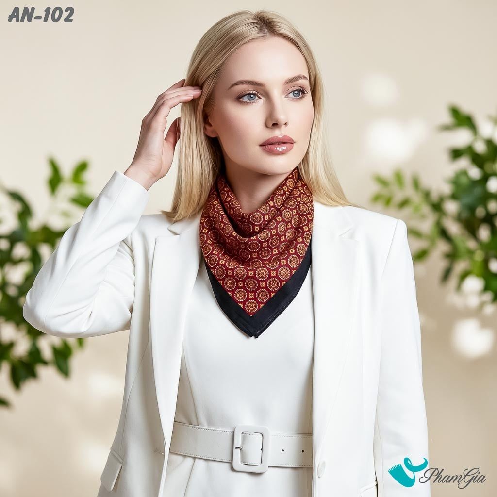 Khăn Linen Vuông An Nhiên 63*63Cm Cao Cấp Hoạ Tiết Đồng Xu Cách Điệu Màu Đỏ Trầm Cổ Điển (AN102)