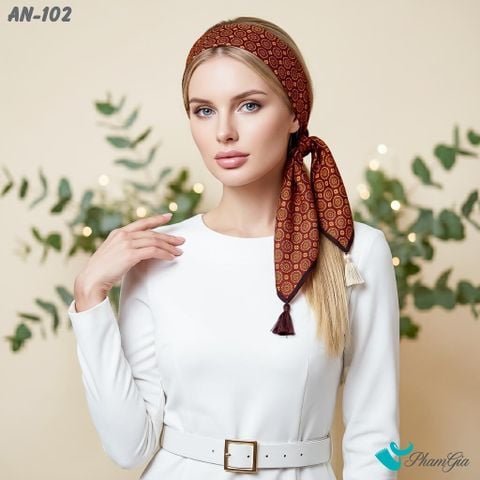 Khăn Linen Vuông An Nhiên 63*63Cm Cao Cấp Hoạ Tiết Đồng Xu Cách Điệu Màu Đỏ Trầm Cổ Điển (AN102)