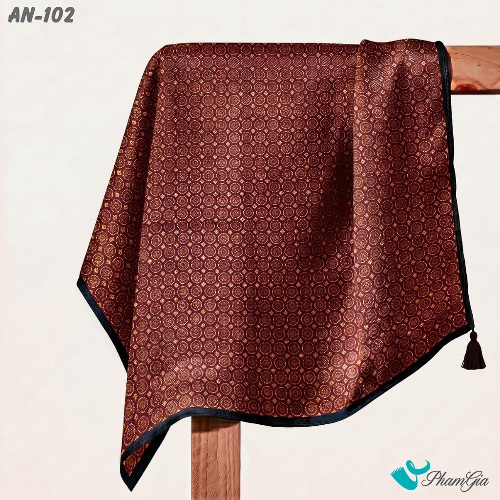 Khăn Linen Vuông An Nhiên 63*63Cm Cao Cấp Hoạ Tiết Đồng Xu Cách Điệu Màu Đỏ Trầm Cổ Điển (AN102)