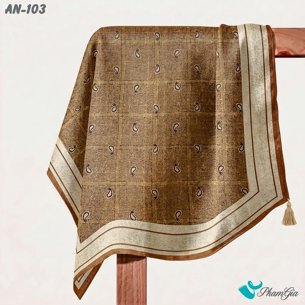 Khăn Linen Vuông An Nhiên 63*63Cm Cao Cấp Hoạ Tiết Paisley Kẻ Ô Màu Nâu Khaki Cổ Điển (AN103)