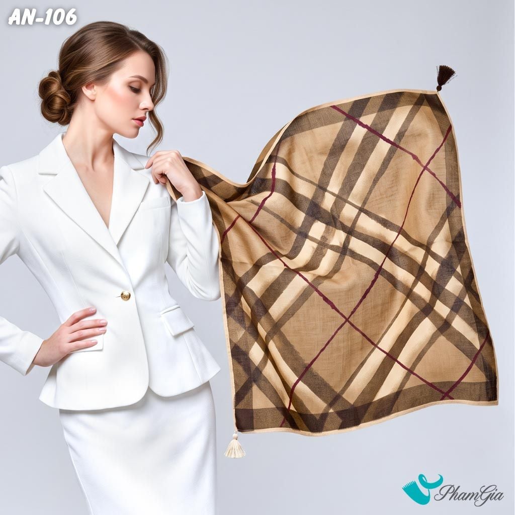 Khăn Linen Vuông An Nhiên 63*63Cm Cao Cấp Hoạ Tiết Kẻ Tartan Màu Nâu Tây Cổ Điển (AN106)