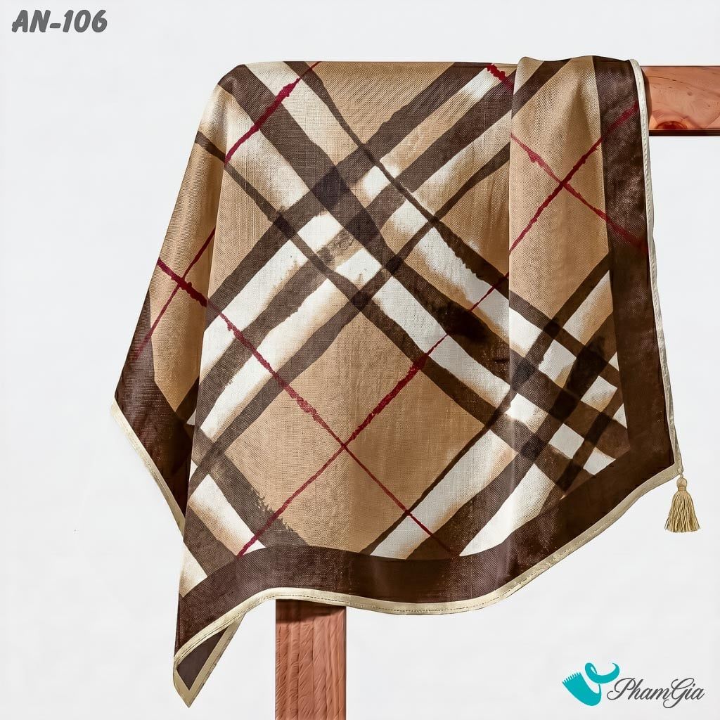 Khăn Linen Vuông An Nhiên 63*63Cm Cao Cấp Hoạ Tiết Kẻ Tartan Màu Nâu Tây Cổ Điển (AN106)