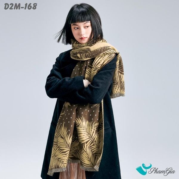 Khăn Choàng Dạ Cashmere 2 Mặt Cao Cấp Họa Tiết Lá Dương Xỉ Màu Nâu Rêu Tinh Tế (D2M168)