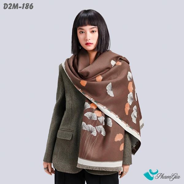 Khăn Choàng Dạ Cashmere 2 Mặt Cao Cấp Họa Tiết Lá Rẻ Quạt Màu Nâu Đất Quý Phái (D2M186)