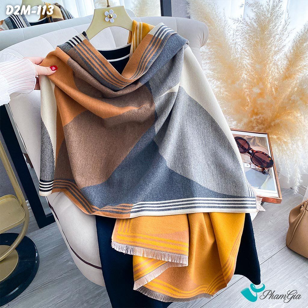 Khăn Choàng Dạ Cashmere 2 Mặt Cao Cấp Họa Tiết Retro Phối Màu Xám - Vàng Đất (D2M113)