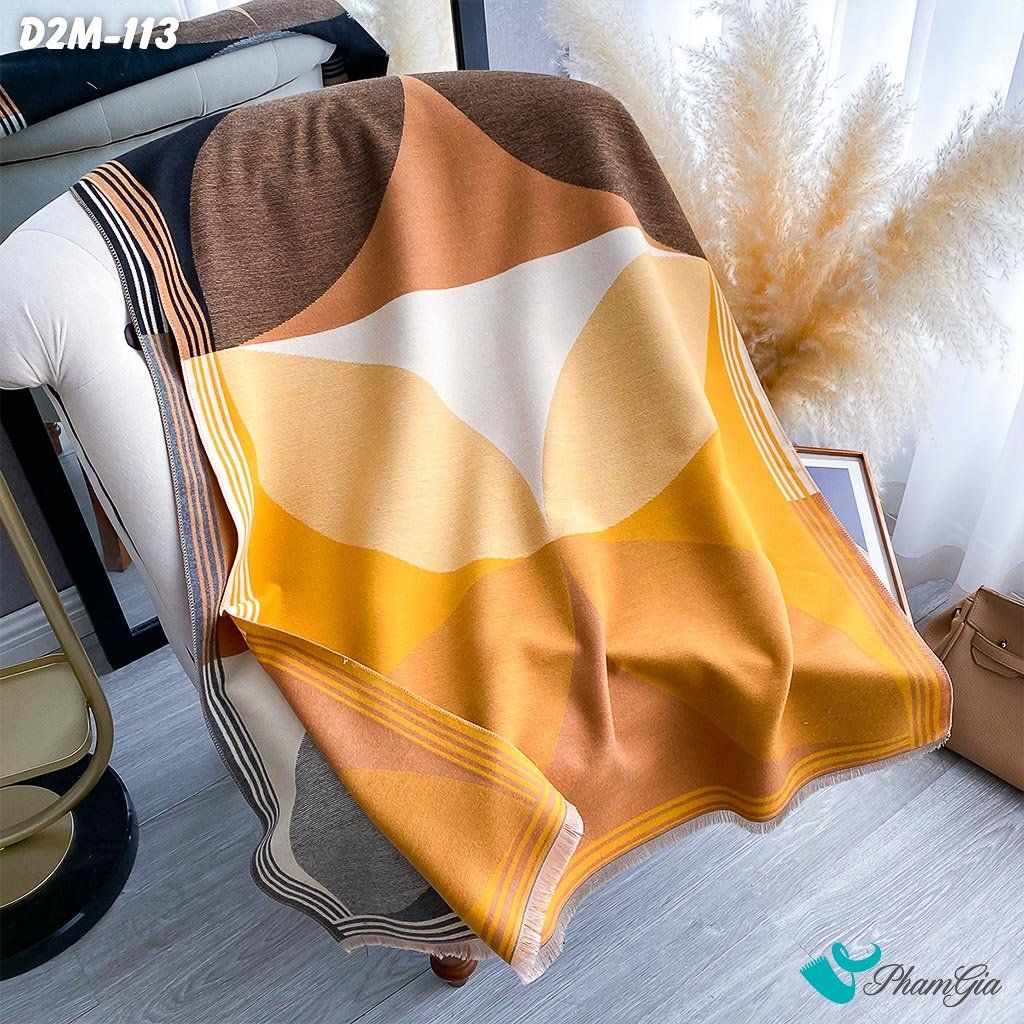 Khăn Choàng Dạ Cashmere 2 Mặt Cao Cấp Họa Tiết Retro Phối Màu Xám - Vàng Đất (D2M113)