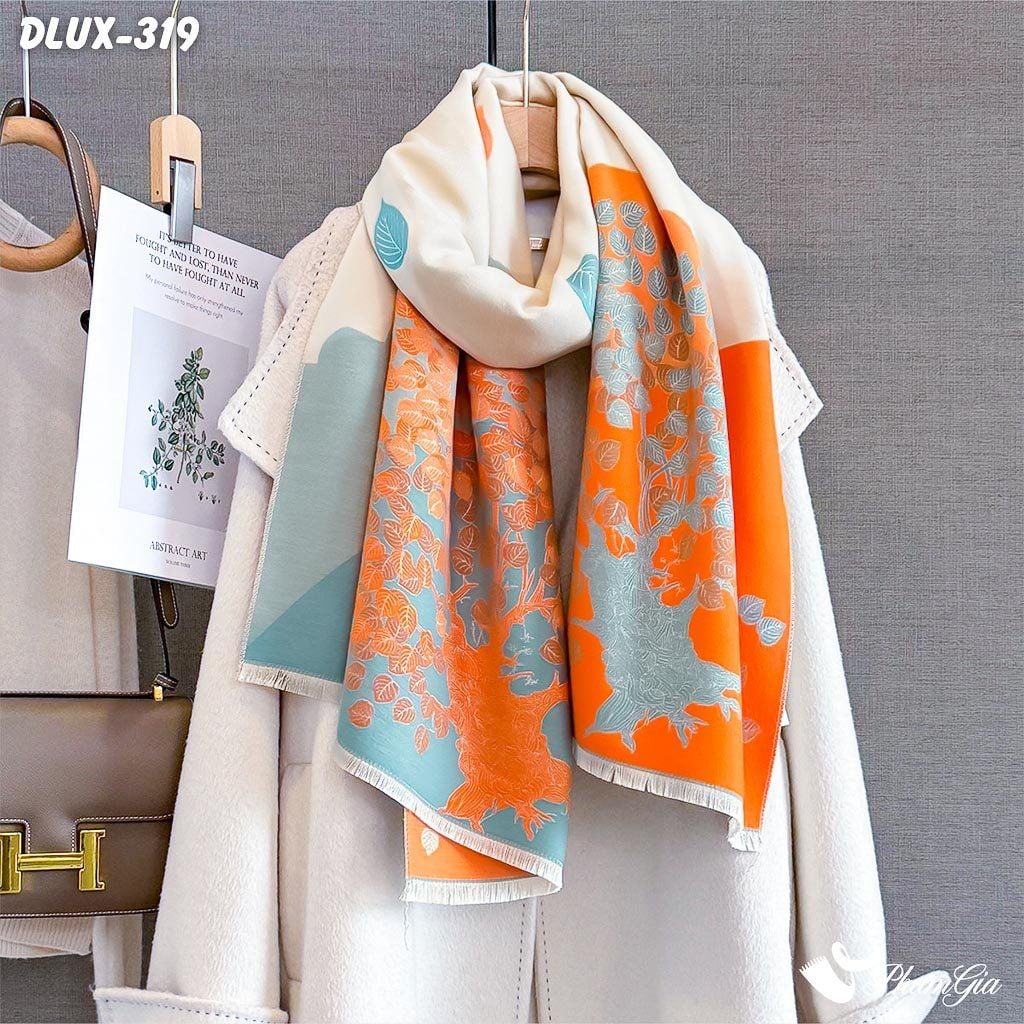 Khăn Choàng Dạ Cashmere Cao Cấp Họa Tiết Cây Bồ Đề Phối Nền Cam Sang Trọng (DLUX319)