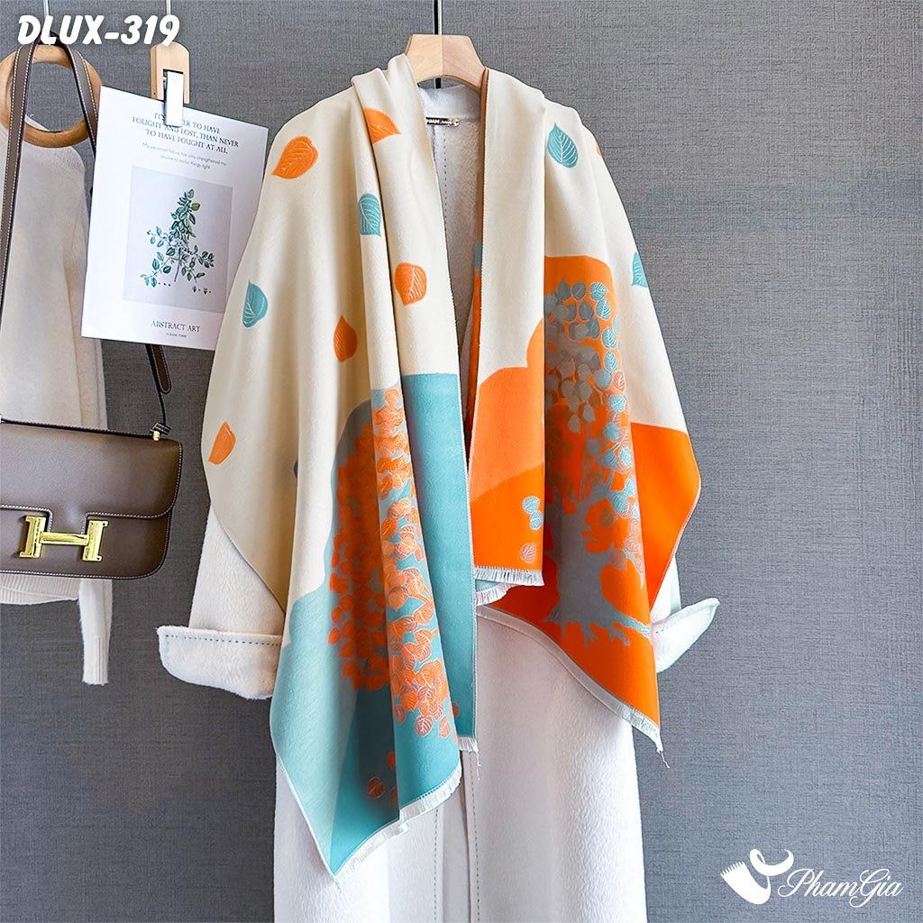 Khăn Choàng Dạ Cashmere Cao Cấp Họa Tiết Cây Bồ Đề Phối Nền Cam Sang Trọng (DLUX319)