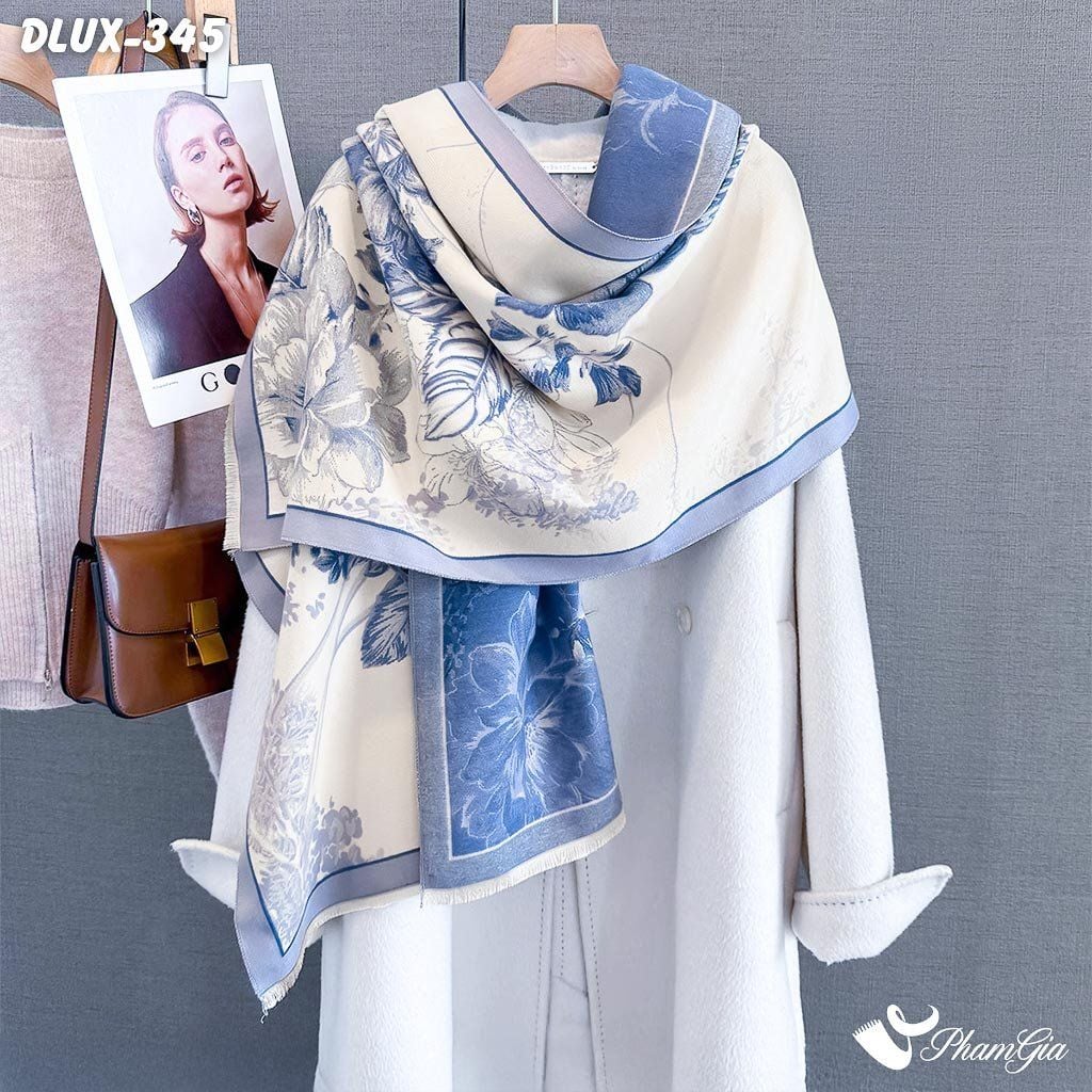 Khăn Choàng Dạ Cashmere Cao Cấp Họa Tiết Hoa Hồng Màu Xanh Blue Thanh Lịch (DLUX345)