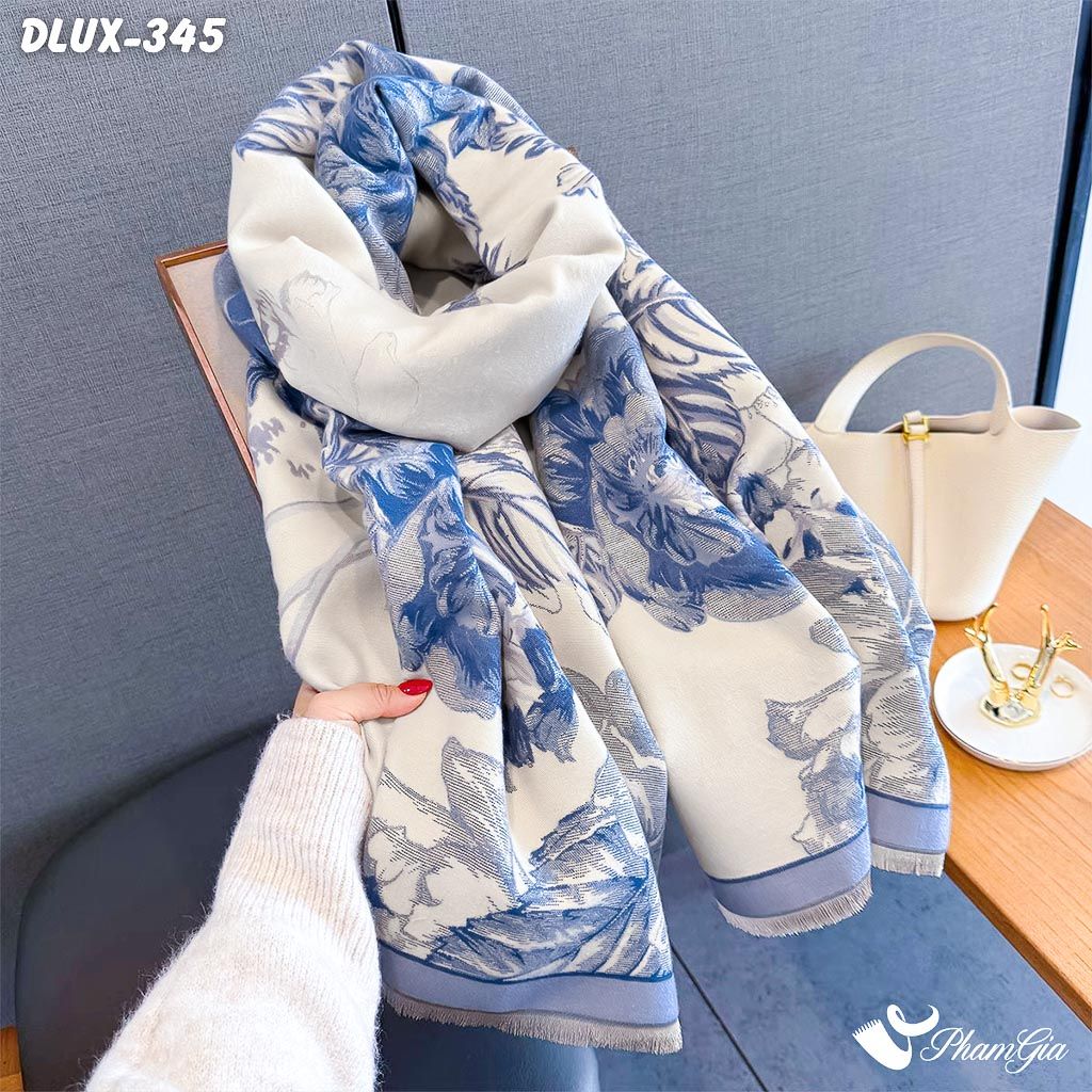 Khăn Choàng Dạ Cashmere Cao Cấp Họa Tiết Hoa Hồng Màu Xanh Blue Thanh Lịch (DLUX345)