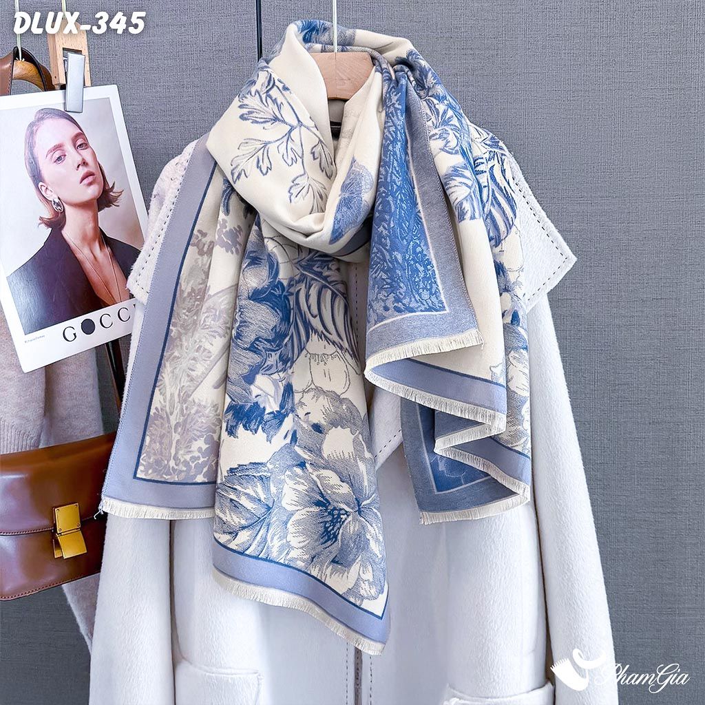 Khăn Choàng Dạ Cashmere Cao Cấp Họa Tiết Hoa Hồng Màu Xanh Blue Thanh Lịch (DLUX345)