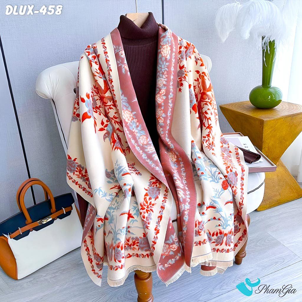 Khăn Choàng Dạ Cashmere Cao Cấp Họa Tiết Hoa Lá Màu Cam Phối Nền Kem Trang Nhã