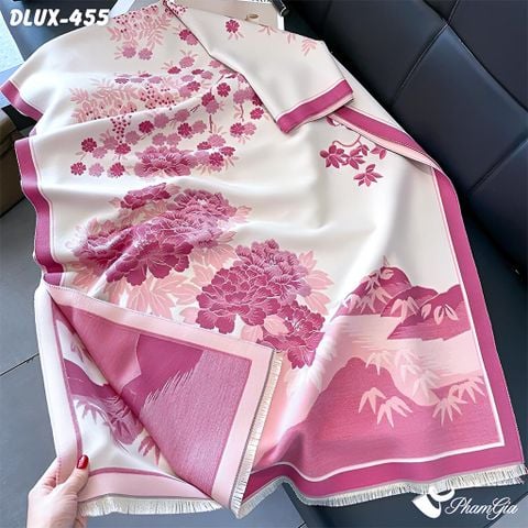 Họa Tiết Khăn Choàng Dạ Cashmere Cao Cấp Họa Tiết Sơn Thủy Màu Hồng Ngọc Thanh Lịch