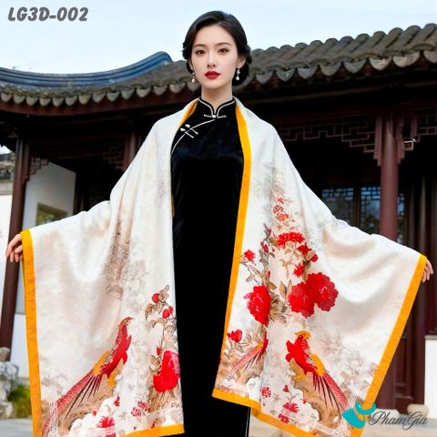 Khăn Choàng Lụa Gấm 3D Cao Cấp Họa Tiết Phượng Hoàng Và Mẫu Đơn Sang Trọng (LG3D002)