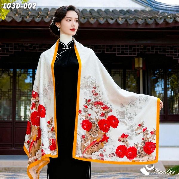 Khăn Choàng Lụa Gấm 3D Cao Cấp Họa Tiết Phượng Hoàng Và Mẫu Đơn Sang Trọng (LG3D002)
