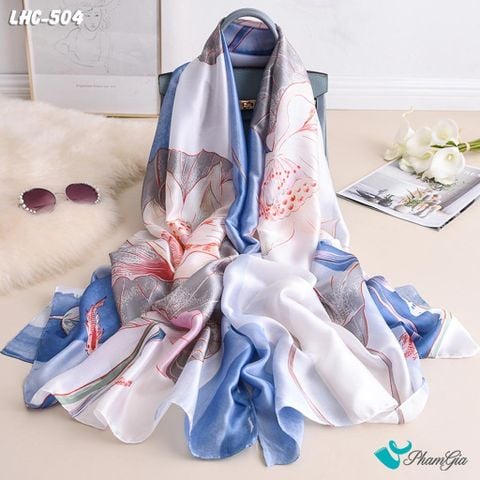 Khăn Choàng Lụa Hàng Châu Màu Xanh Biển Họa Tiết Hoa Sen Cá Chép Trang Nhã