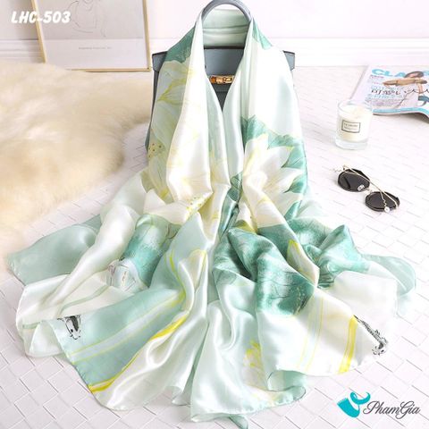 Khăn Choàng Lụa Hàng Châu Màu Xanh Ngọc Họa Tiết Hoa Sen Cá Chép Thanh Tao