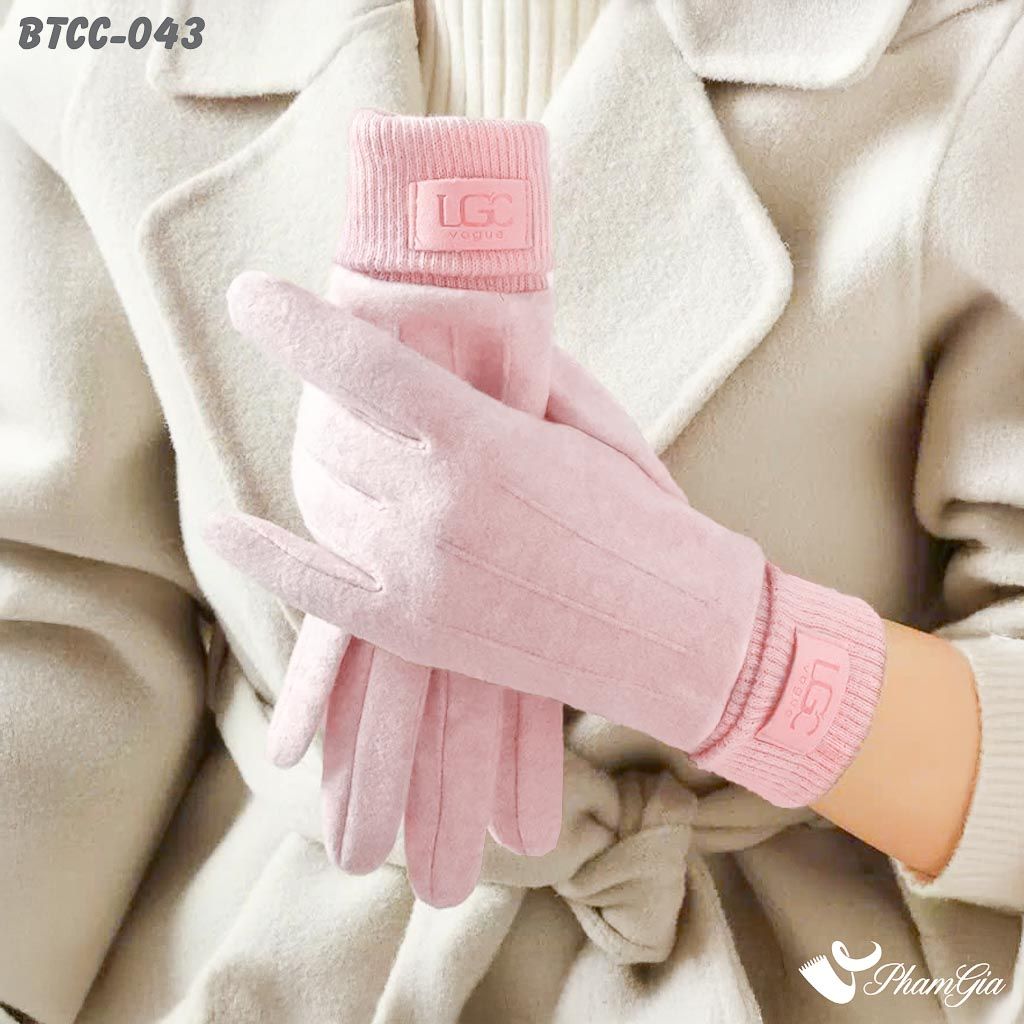 Găng Tay Mùa Đông Phối Viền Len Giữ Ấm Cao Cấp Màu Hồng Ruốc (BTCC043)