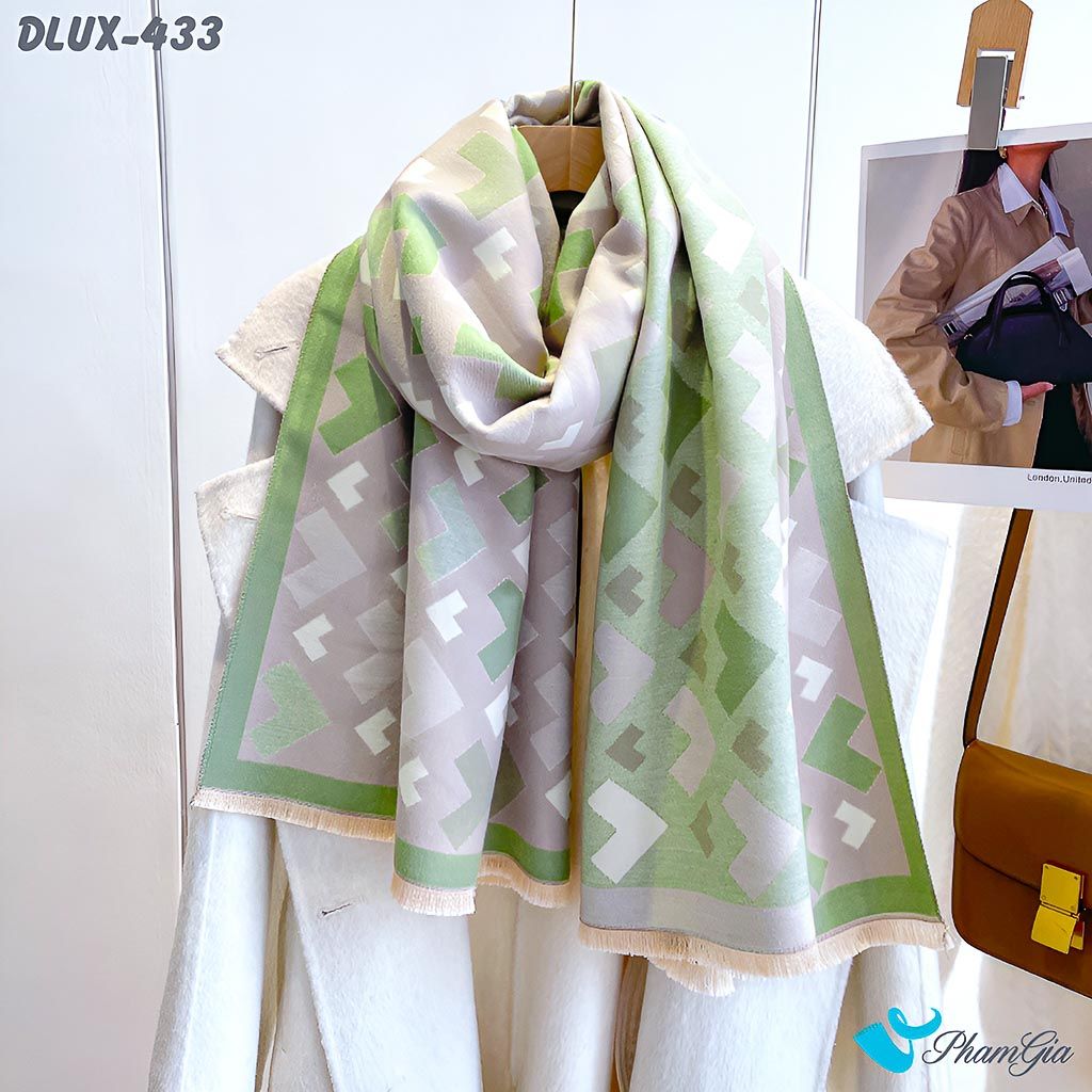 Góc Thẳng Khăn Choàng Dạ Cashmere Cao Cấp Họa Tiết Mũi Tên Hình Học Màu Beige Viền Xanh Bơ Thanh Lịch