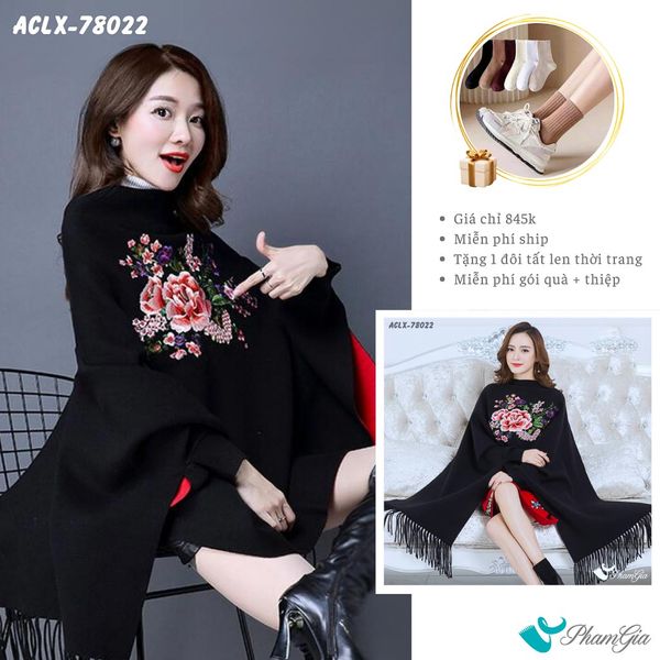 Áo Choàng Len Cashmere Luxury Họa Tiết Hoa Mẫu Đơn Màu Đen (ACLX78022)
