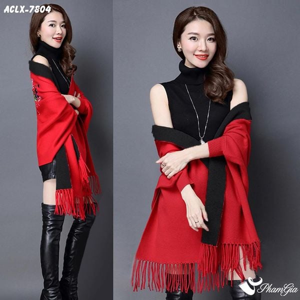 Áo Choàng Len Cashmere Luxury Họa Tiết Hoa Mẫu Đơn Màu Đỏ Ruby (ACLX7804)