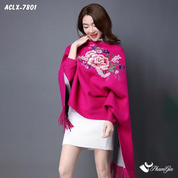 Áo Choàng Len Cashmere Luxury Họa Tiết Hoa Mẫu Đơn Màu Hồng Sen (ACLX7801)