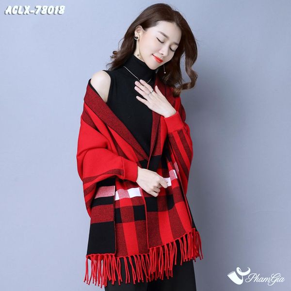 Áo Choàng Len Cashmere Luxury Họa Tiết Kẻ Sọc Caro Màu Đỏ (ACLX78018)