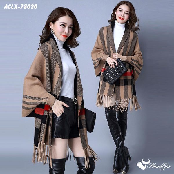 Áo Choàng Len Cashmere Luxury Họa Tiết Kẻ Sọc Caro Màu Nâu Tây (ACLX78020)