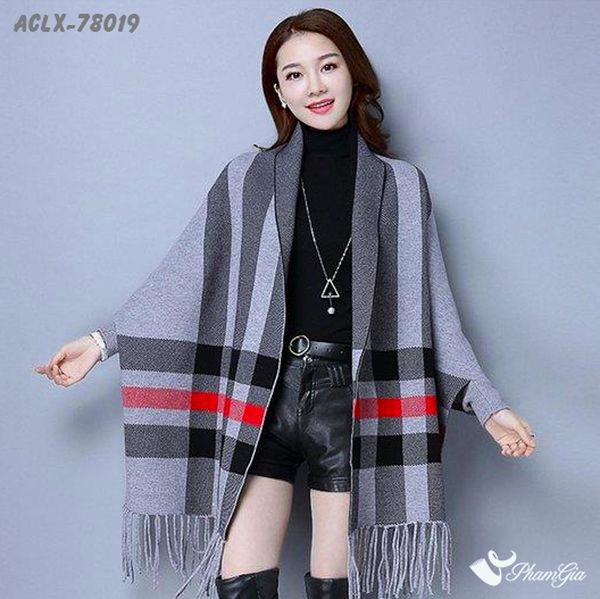 Áo Choàng Len Cashmere Luxury Họa Tiết Kẻ Sọc Caro Màu Xám (ACLX78019)