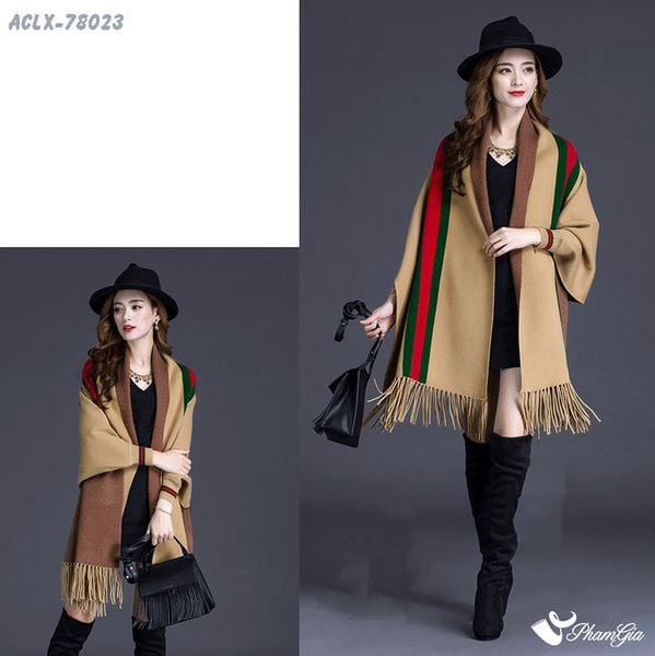 Áo Choàng Len Cashmere Luxury Họa Tiết Kẻ Sọc Màu Bạc Xỉu (ACLX78023)