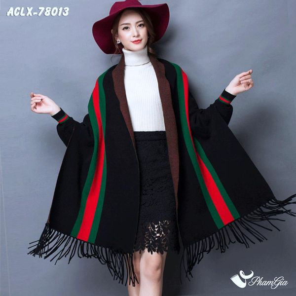 Áo Choàng Len Cashmere Luxury Họa Tiết Kẻ Sọc Màu Đen (ACLX78013)