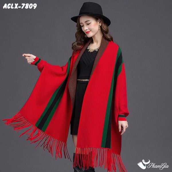 Áo Choàng Len Cashmere Luxury Họa Tiết Kẻ Sọc Màu Đỏ (ACLX7809)
