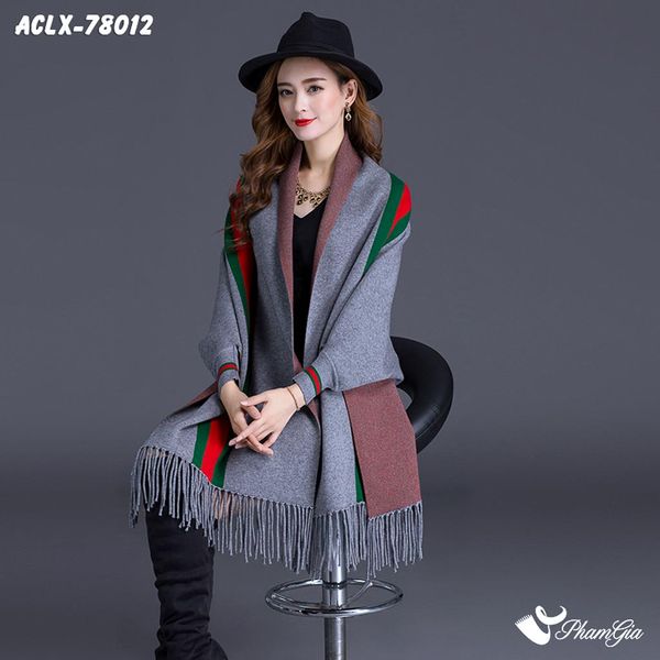 Áo Choàng Len Cashmere Luxury Họa Tiết Kẻ Sọc Màu Xám (ACLX78012)