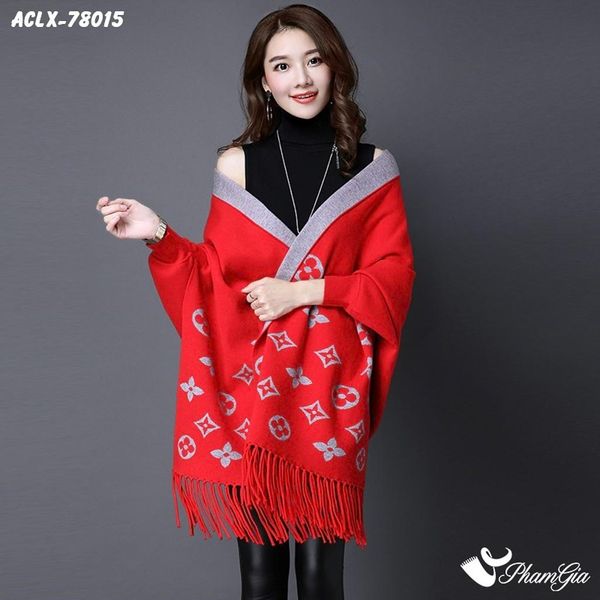 Áo Choàng Len Cashmere Luxury Họa Tiết Monogram Màu Đỏ (ACLX78015)