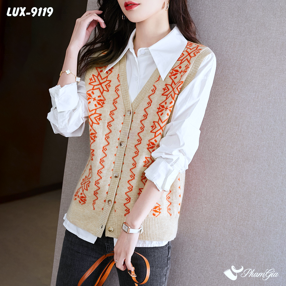 Áo Len Ghile Cao Cấp Họa Tiết Thổ Cẩm Màu Cam (LUX9119)