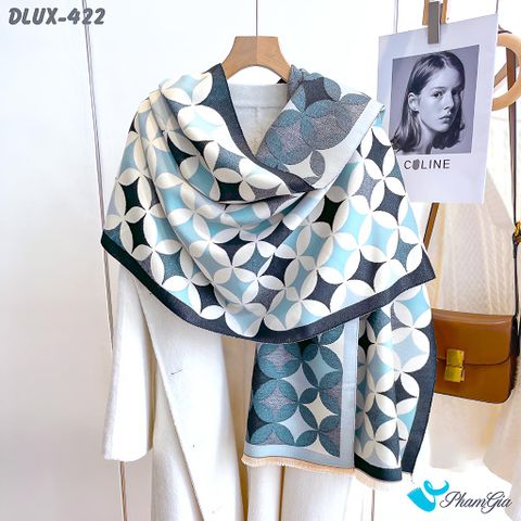 Khăn Choàng Dạ Cashmere Cao Cấp Họa Tiết Hình Học Màu Xanh Baby Viền Đen Trẻ Trung