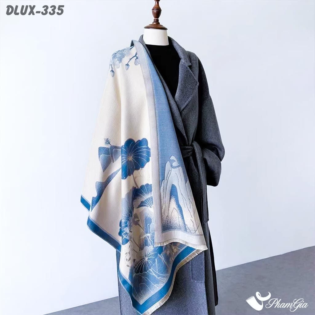 Khăn Choàng Dạ Cashmere Cao Cấp Họa Tiết Hoa Sen Sơn Thủy Màu Xanh Blue Sang Trọng (DLUX335)