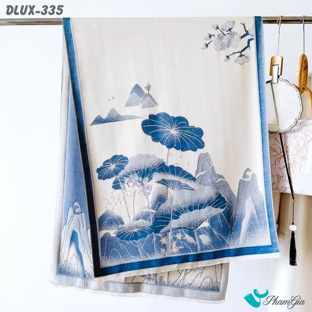Khăn Choàng Dạ Cashmere Cao Cấp Họa Tiết Hoa Sen Sơn Thủy Màu Xanh Blue Sang Trọng (DLUX335)