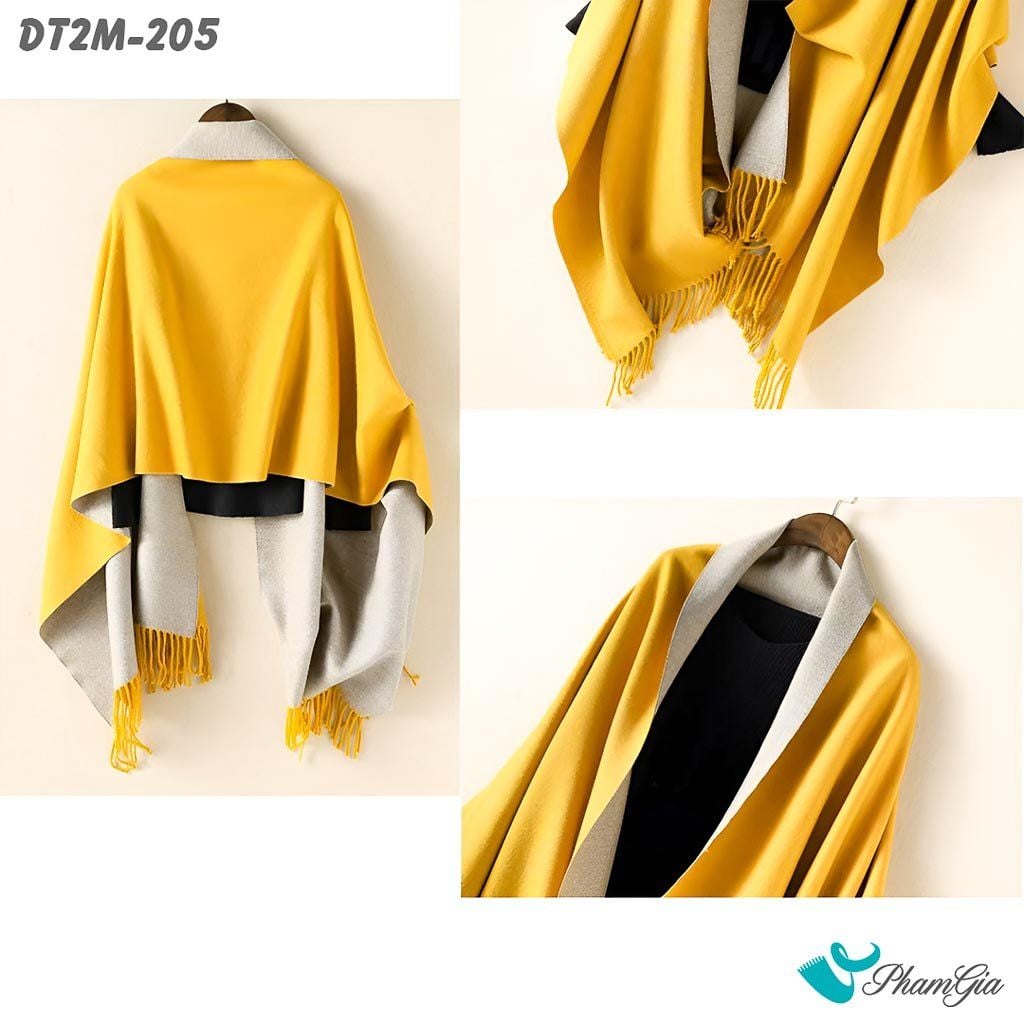 Góc Thẳng Khăn Choàng Dạ Cashmere Trơn 2 Mặt Phiên Bản Mới Phối Màu Vàng Nghệ - Xám Sang Trọng